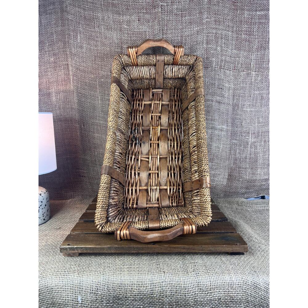 Basket Hand Woven Brown Rattan with Wood Handles~Multi Purpose Home Decor